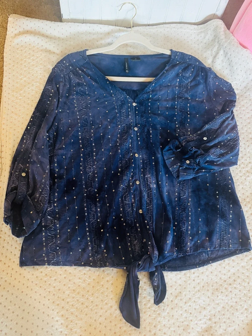 Navy blue Sequin Button-Front Tie-Hem Long Sleeve Blouse - Picture 1 of 7